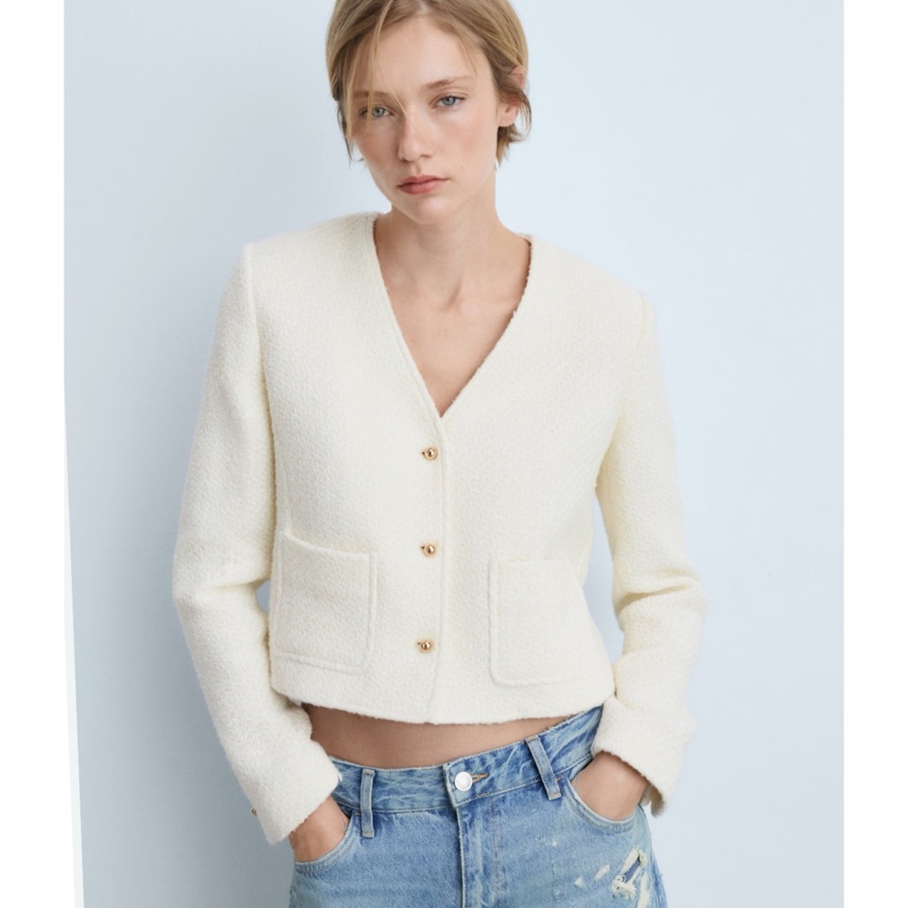 Mango Cream Blazer with V-Neck and Textured Knit